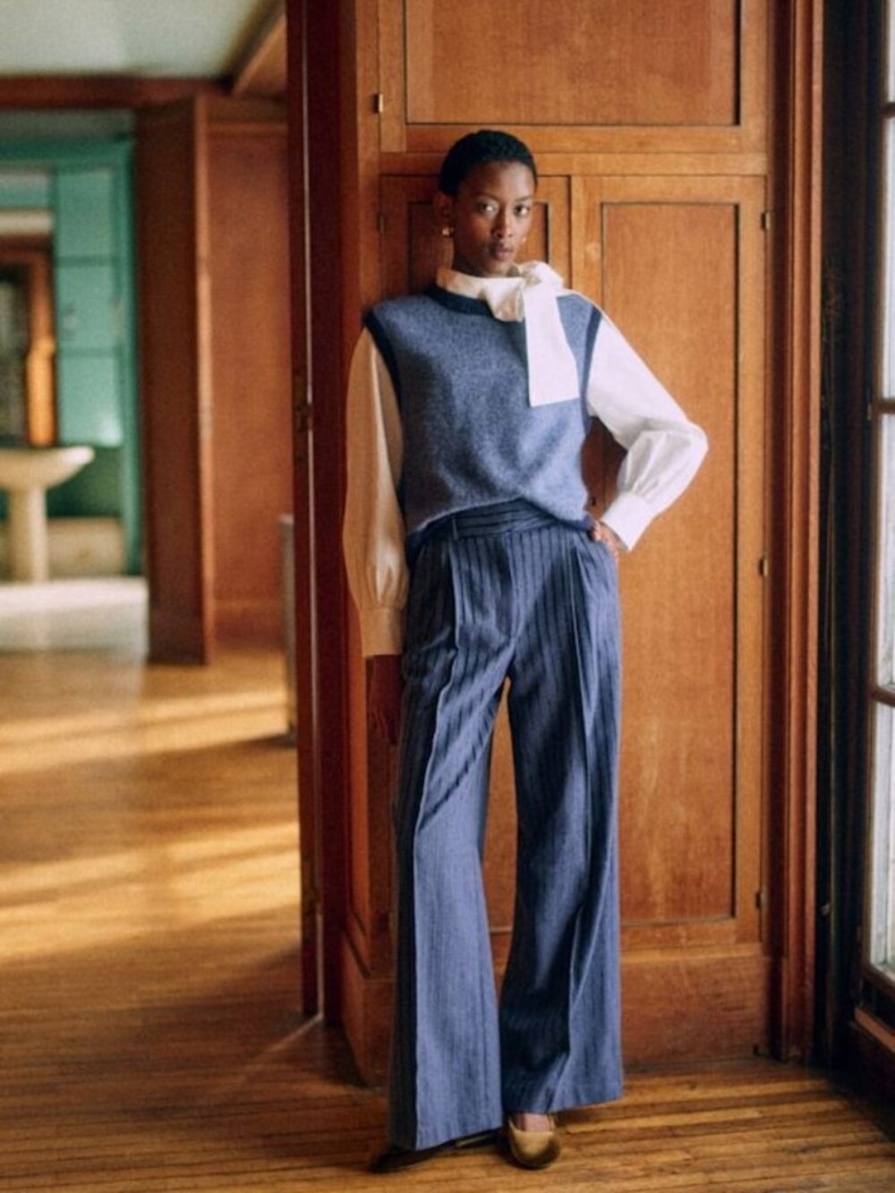 Sezane x MDLO Rocio Trousers NWT Dark Vintage Blue Tennis Stripes sz 12 (FR 44)